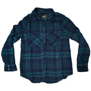 YMI Flannel Plaid Shirt Womens Small Green Navy Blue Button Down Long Sleeve (R)